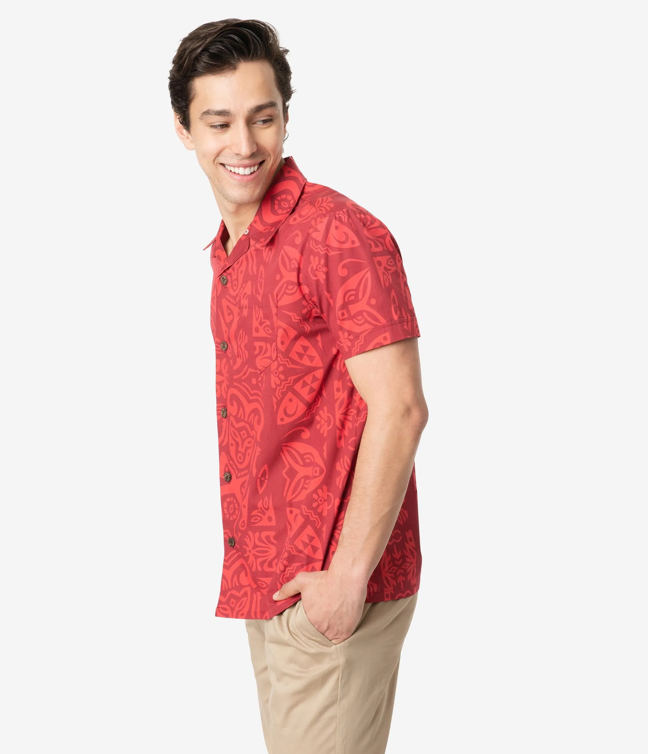 Alfred Shaheen Red Tiki Pareau Print Mens Cabana Aloha Shirt
