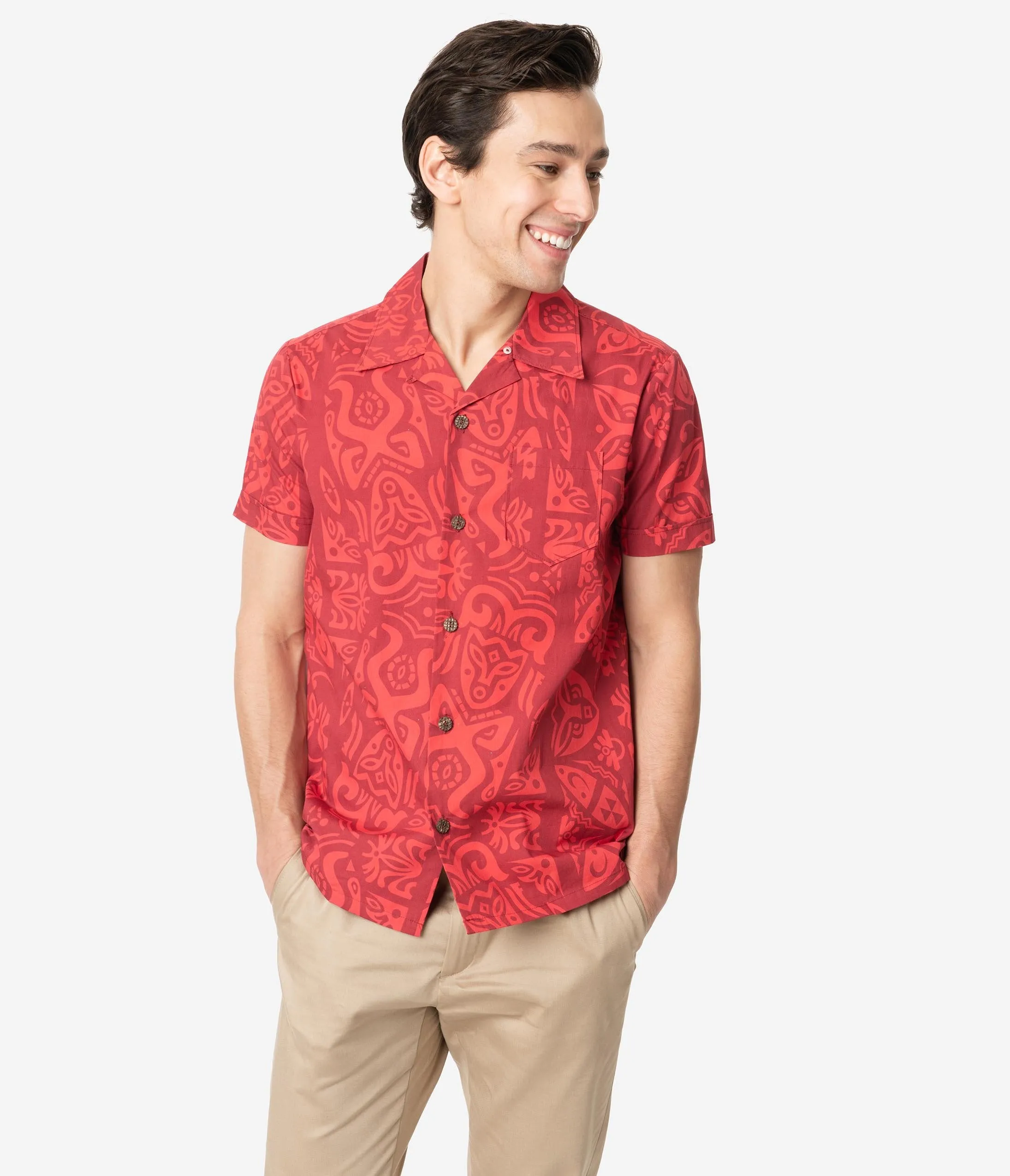 Alfred Shaheen Red Tiki Pareau Print Mens Cabana Aloha Shirt