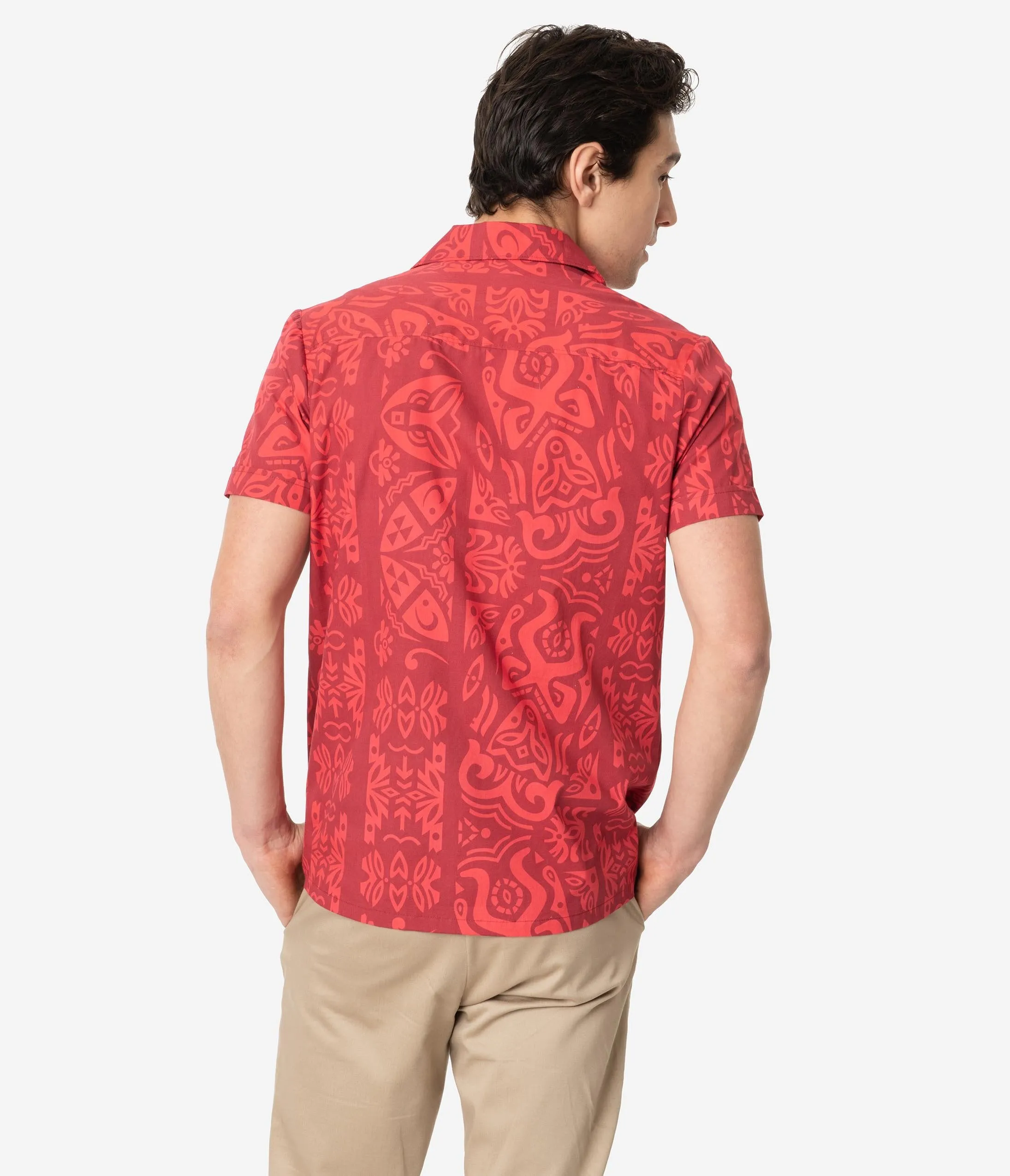 Alfred Shaheen Red Tiki Pareau Print Mens Cabana Aloha Shirt