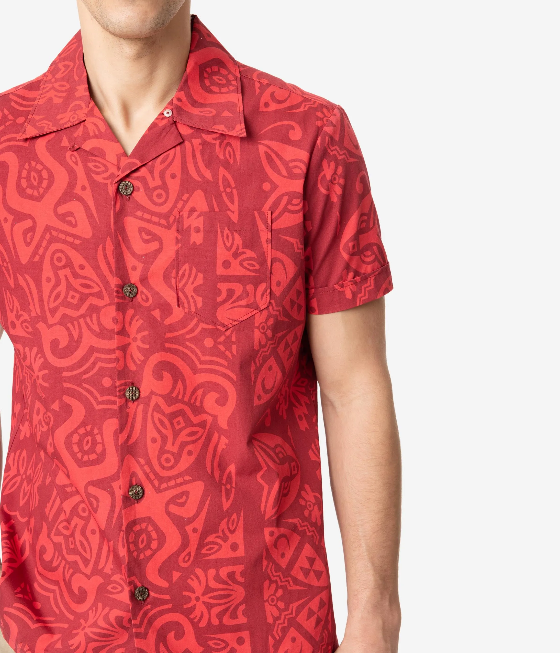 Alfred Shaheen Red Tiki Pareau Print Mens Cabana Aloha Shirt