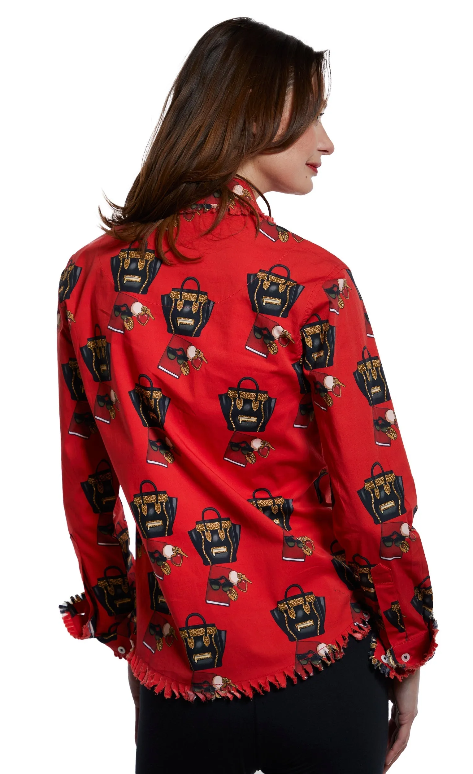 Cape Cod Frayed Shirt - Red With Fashionista Handbag Print