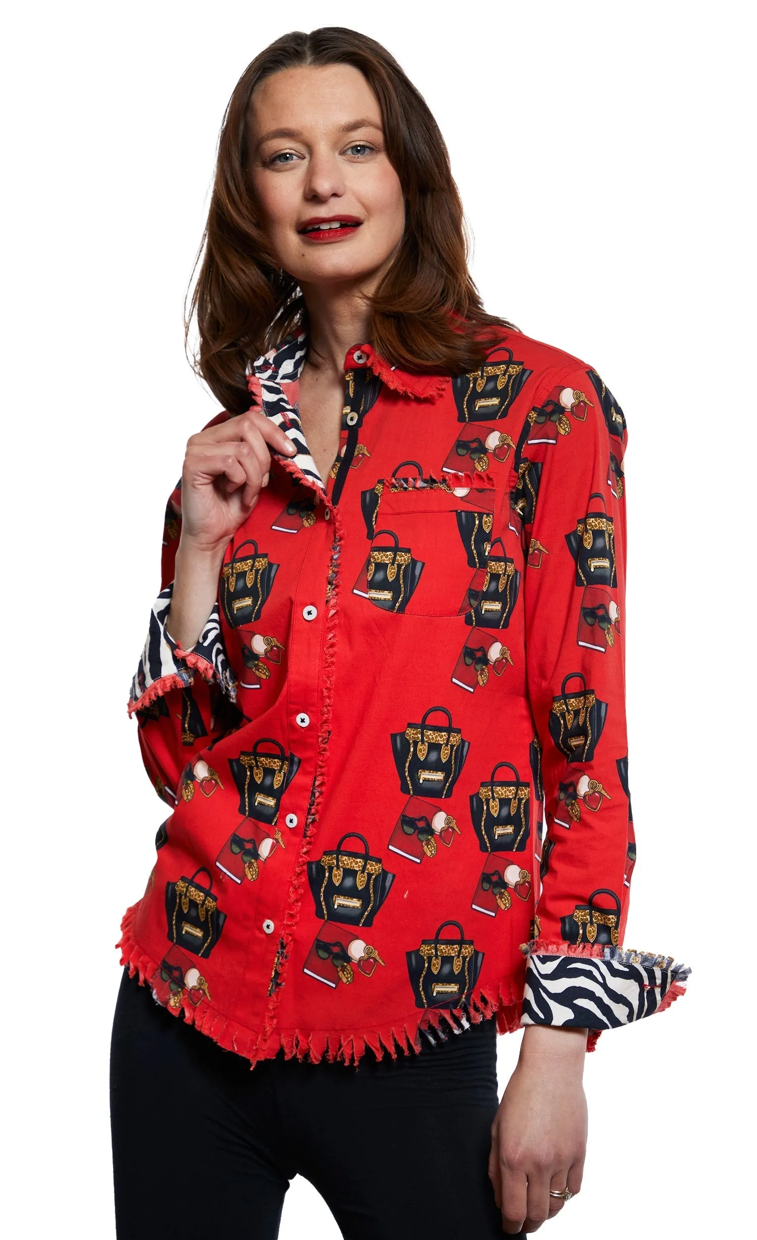 Cape Cod Frayed Shirt - Red With Fashionista Handbag Print