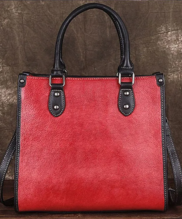 Classy Red Floral Paitings Calf Leather Tote Handbag