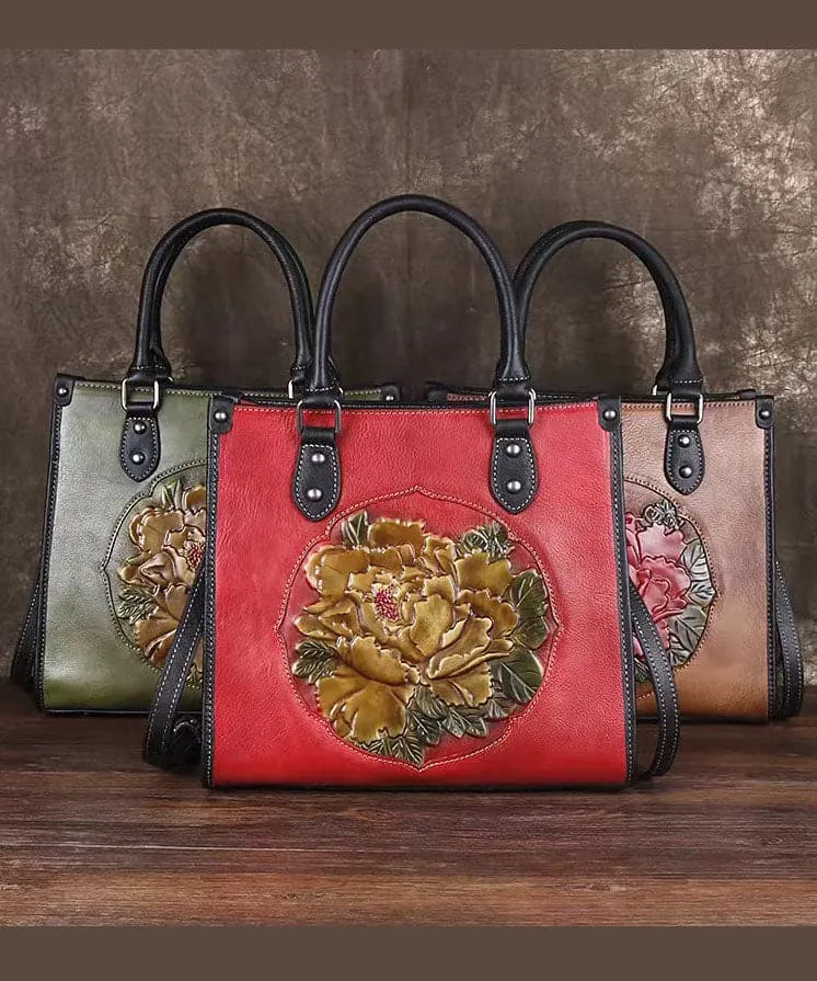 Classy Red Floral Paitings Calf Leather Tote Handbag