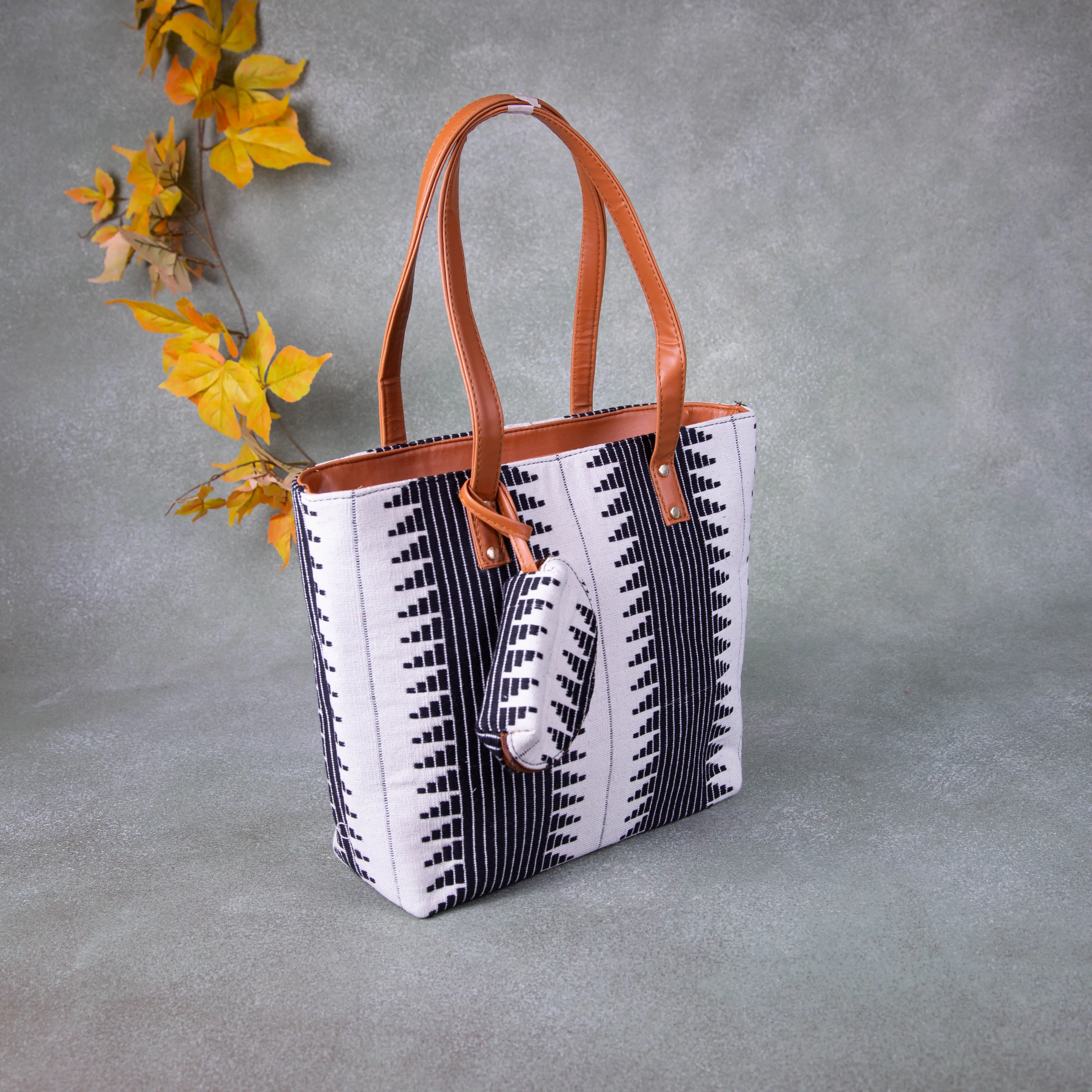 Double Zippered Tote White With Black Colour Prints.