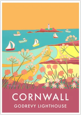 Godrevy Lighthouse, Gwithian Beach Sunset. Art Prints of Cornwall by Cornish Artist Joanne Short. Cornwall Art Gallery, Vintage Style Posters.