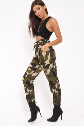 Green Camo Paper Bag Tie Waist Trousers - Ryana