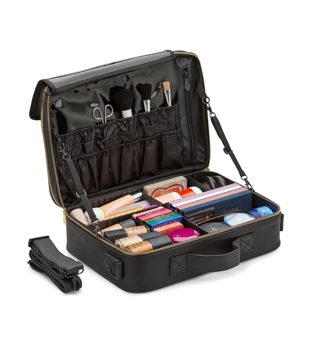 Large Cosmetic Travel Case: Black Leather
