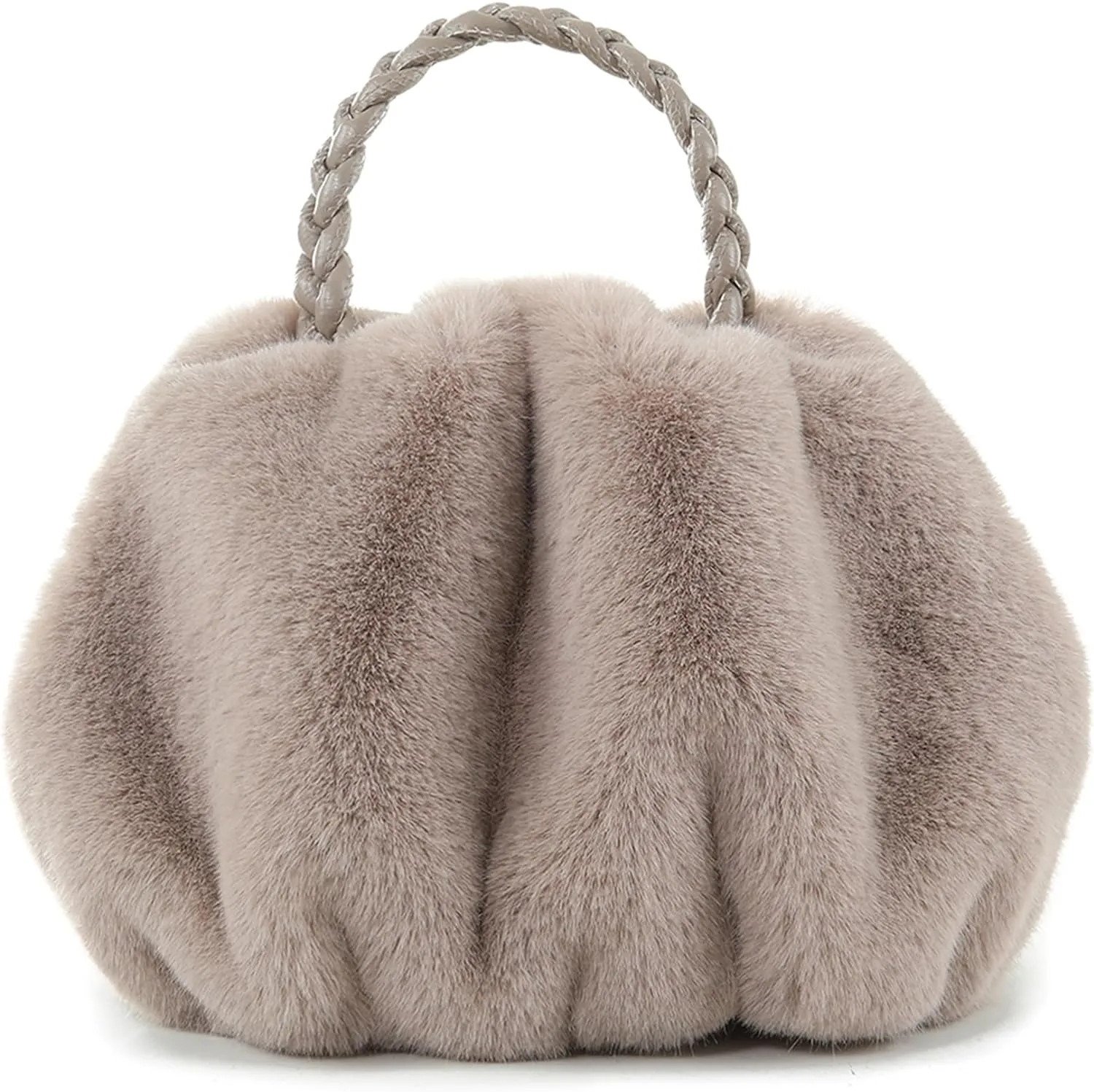 Luxuriously Soft Braided Handle Faux Fur Beige Handbag