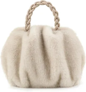 Luxuriously Soft Braided Handle Faux Fur Beige Handbag