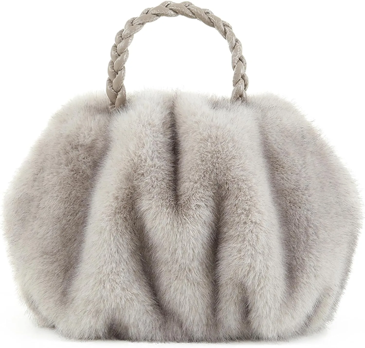 Luxuriously Soft Braided Handle Faux Fur Beige Handbag