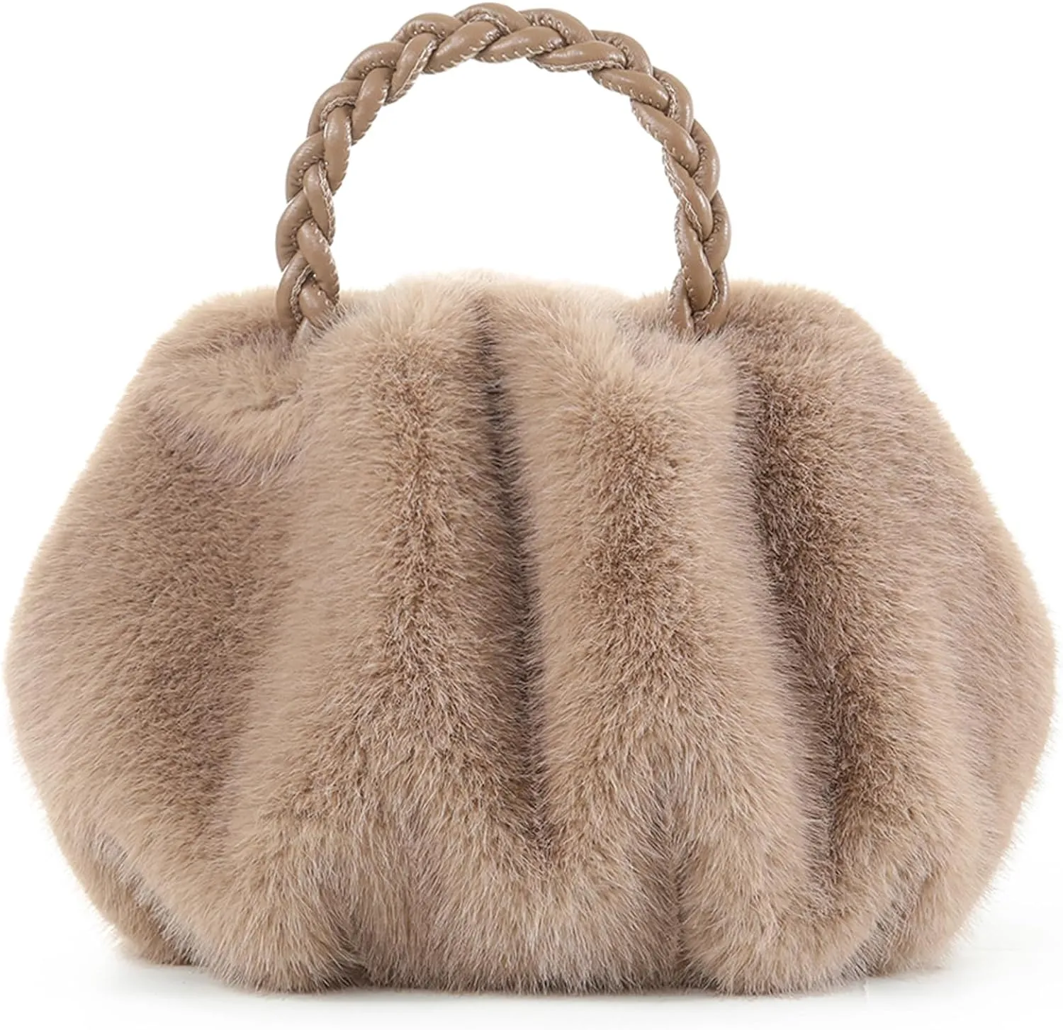 Luxuriously Soft Braided Handle Faux Fur Beige Handbag