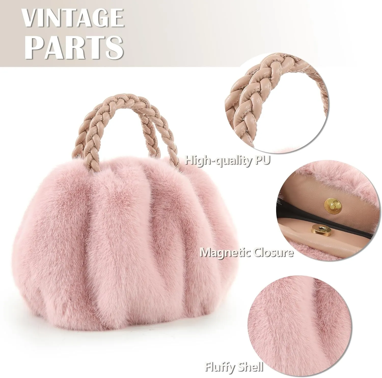 Luxuriously Soft Braided Handle Faux Fur Beige Handbag