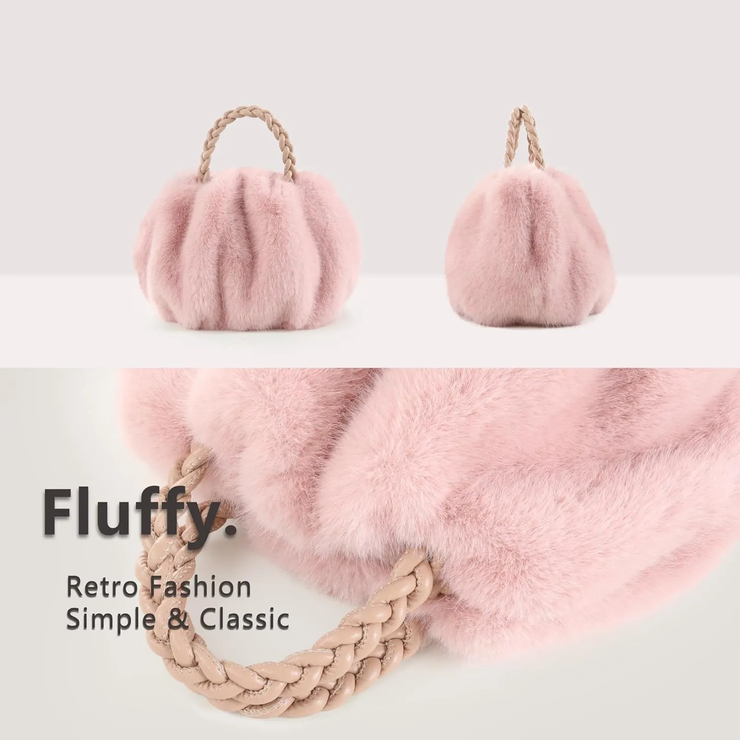 Luxuriously Soft Braided Handle Faux Fur Beige Handbag