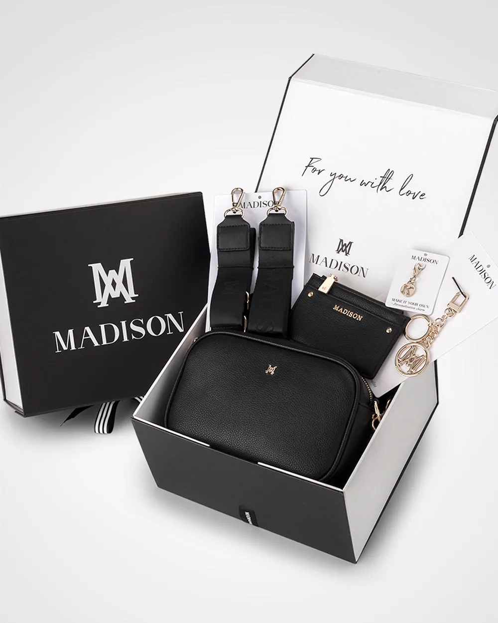 Monica 5 Piece Giftbox - Crossbody Bag, Monogram Bag Strap, Cardholder, Keychain & Personalisation Charm