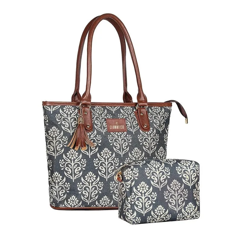 THE CLOWNFISH Combo Of Percy Printed Handicraft Fabric Handbag for Women Isla Printed Handicraft Fabric Crossbody Sling bag for Women (Grey)