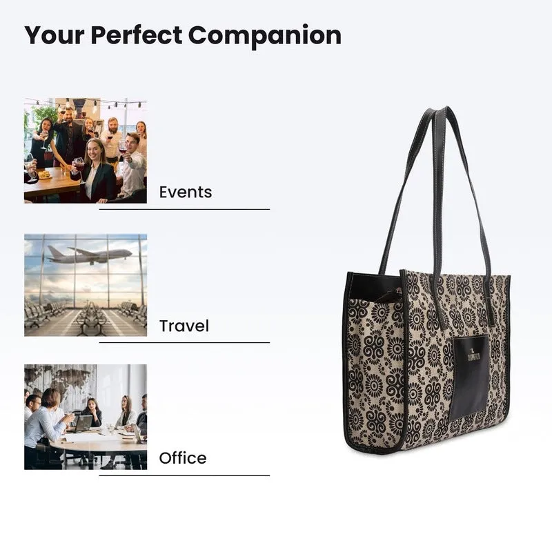 The Clownfish Ivan Series Multipurpose Handbag For Women Box Bag Tote Printed Handicraft Fabric & Faux Leather Office Bag with Front Pocket Shoulder Bag for Ladies College Girls (Black-Rangoli Design)