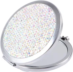 Travel Wallet Bling Compact Mirror round Folding Mirror Double- Sided Cosmetic Mirror Portable Pocket Mirror Rhinestone Mirror for Travel and Home Use (Colorful White) Travel Mirror