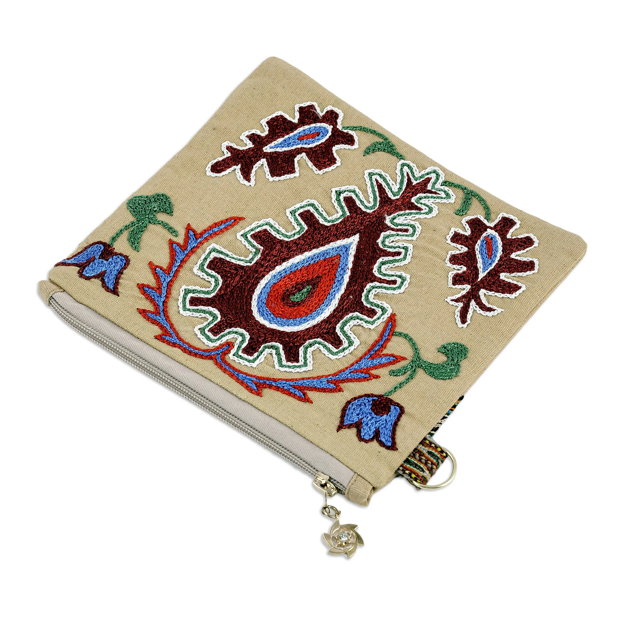 Uzbek Cotton Cosmetic Bag with Hand Embroidered Motifs - Precious Beauty | NOVICA