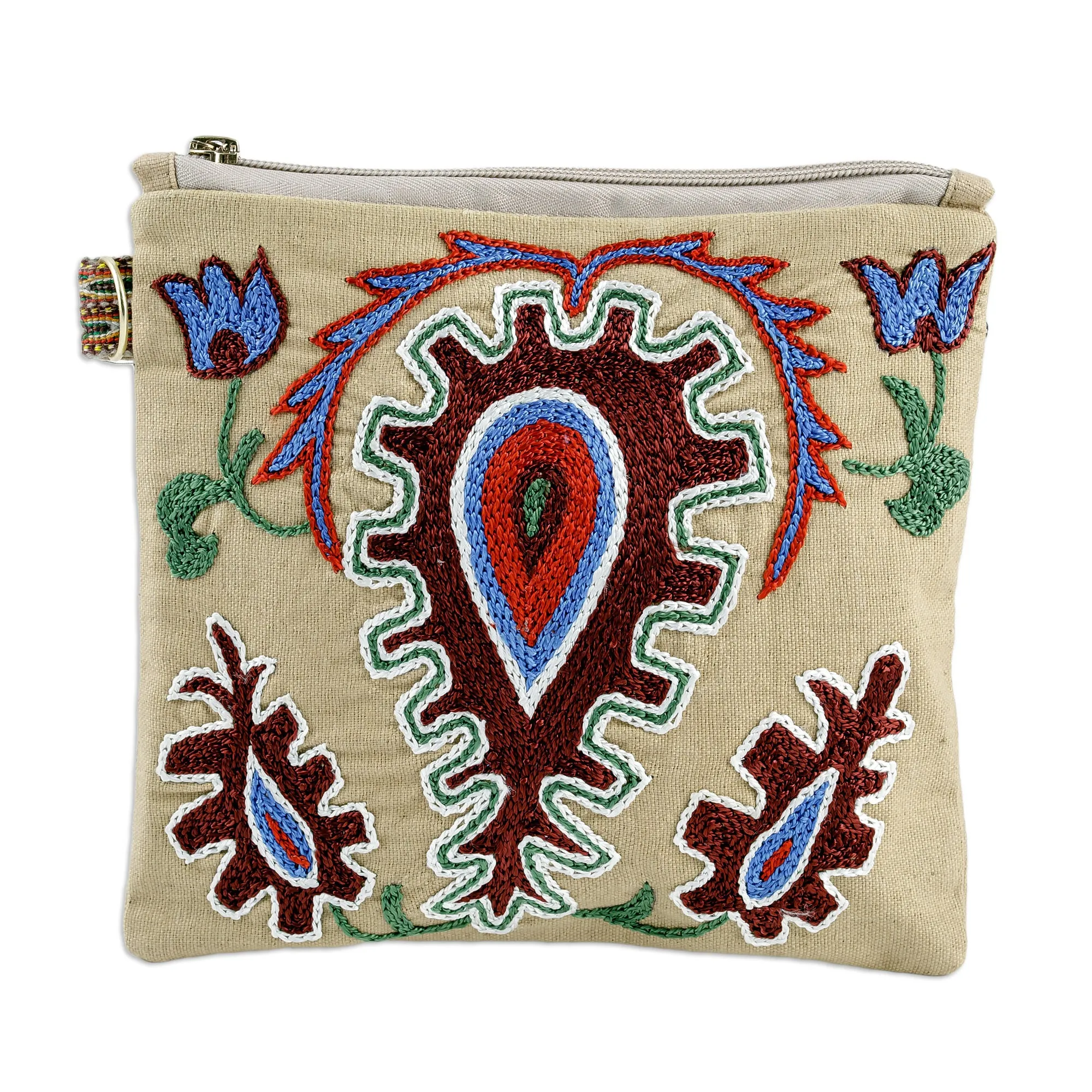 Uzbek Cotton Cosmetic Bag with Hand Embroidered Motifs - Precious Beauty | NOVICA