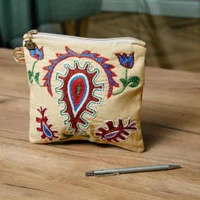 Uzbek Cotton Cosmetic Bag with Hand Embroidered Motifs - Precious Beauty | NOVICA