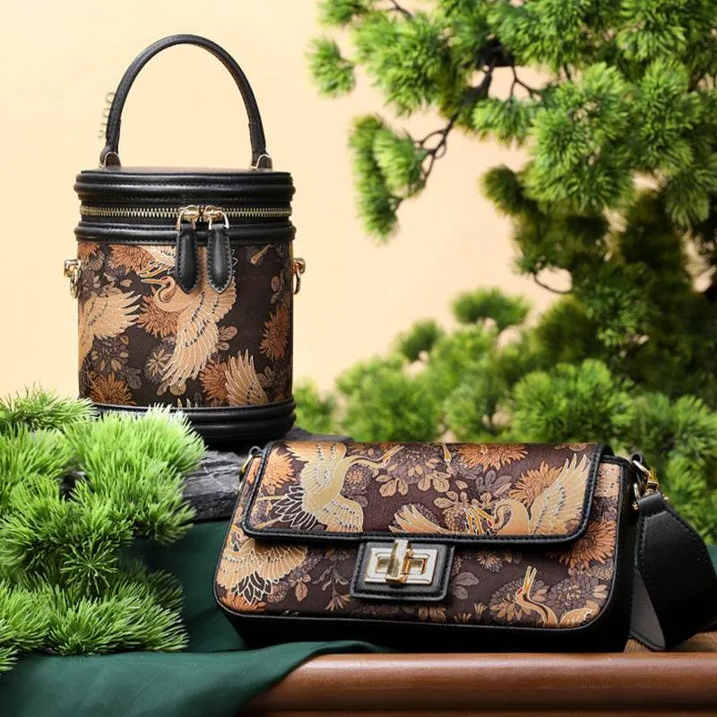 Xiangyunsha Silk Vintage Crane Print Bucket Bag
