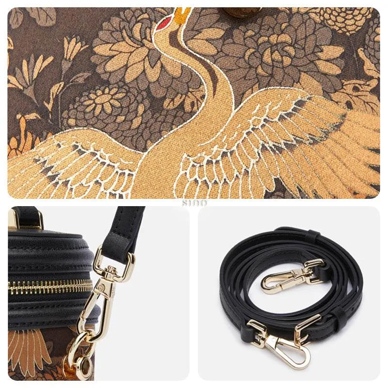 Xiangyunsha Silk Vintage Crane Print Bucket Bag
