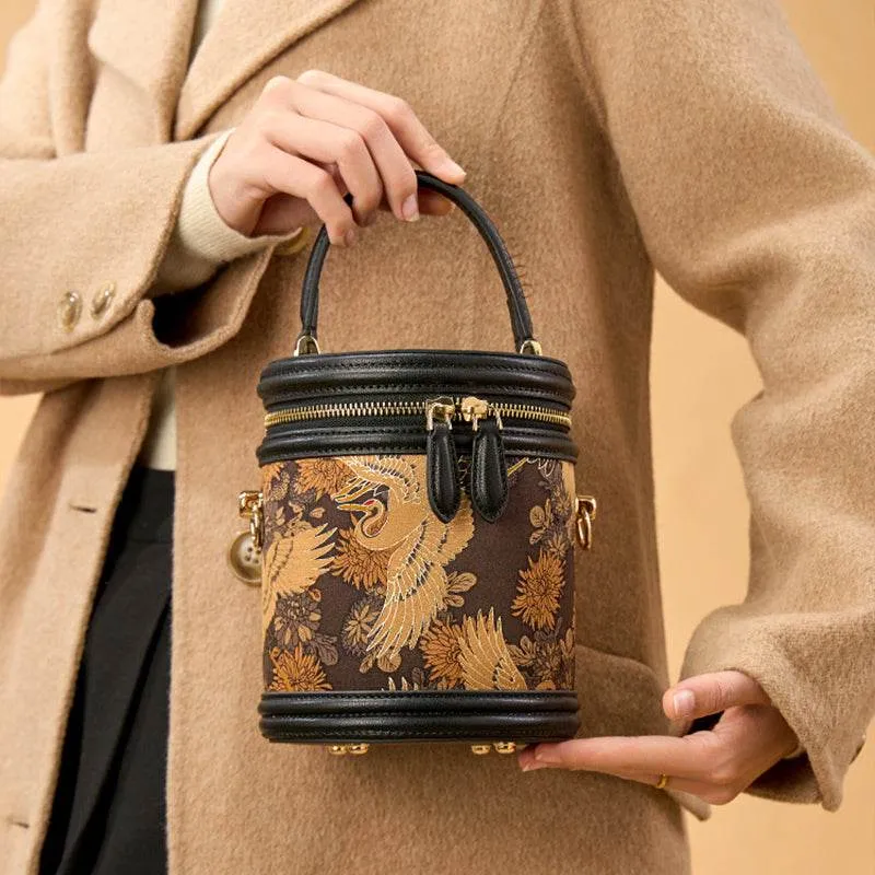 Xiangyunsha Silk Vintage Crane Print Bucket Bag