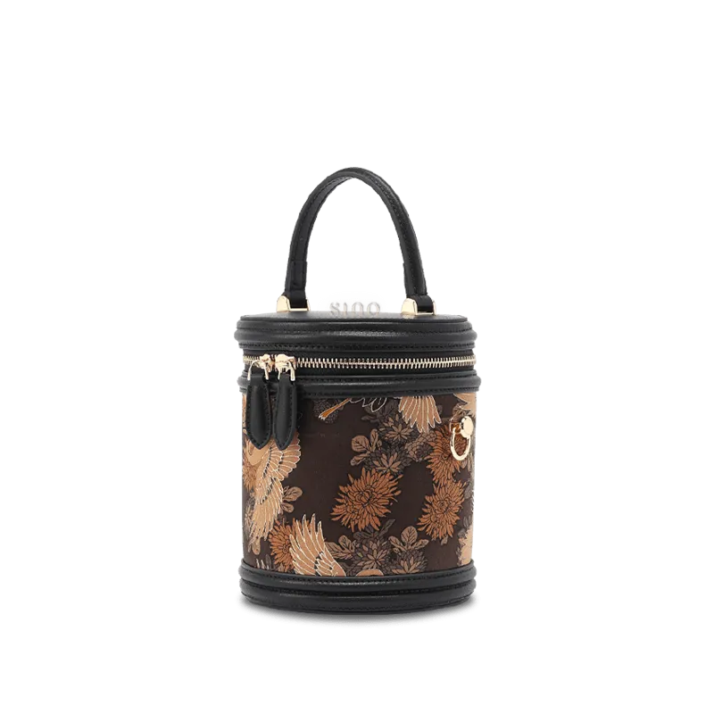 Xiangyunsha Silk Vintage Crane Print Bucket Bag