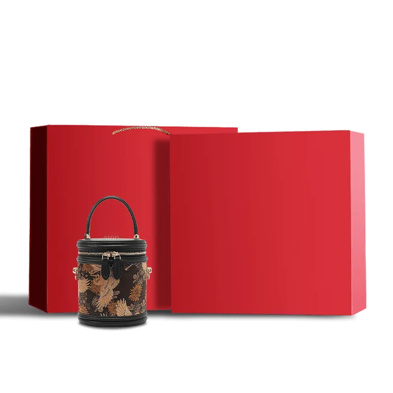 Xiangyunsha Silk Vintage Crane Print Bucket Bag