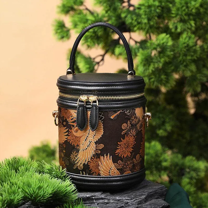 Xiangyunsha Silk Vintage Crane Print Bucket Bag