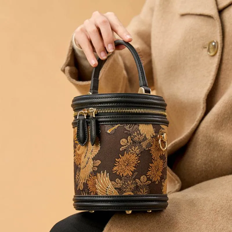 Xiangyunsha Silk Vintage Crane Print Bucket Bag