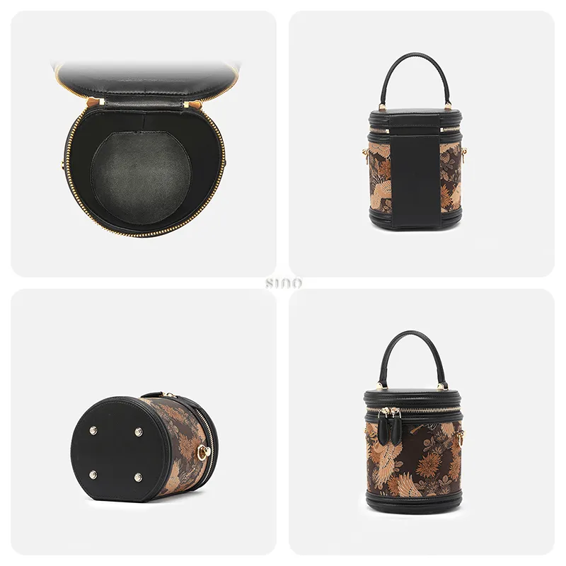 Xiangyunsha Silk Vintage Crane Print Bucket Bag