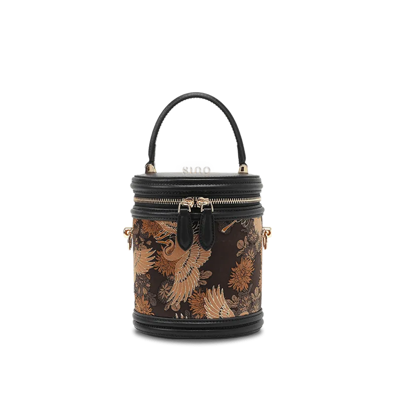 Xiangyunsha Silk Vintage Crane Print Bucket Bag