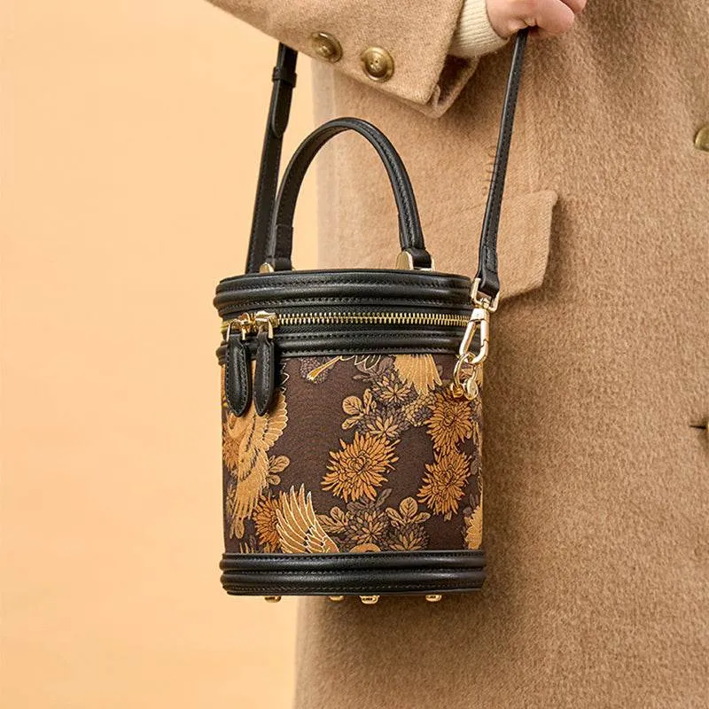 Xiangyunsha Silk Vintage Crane Print Bucket Bag